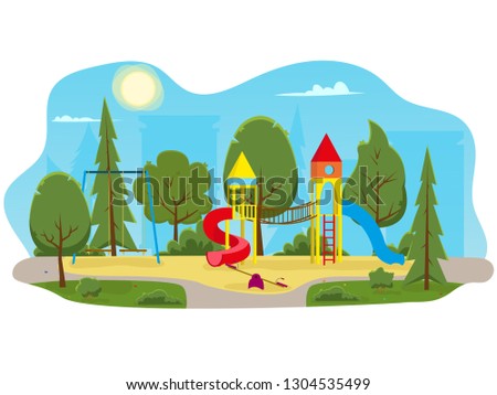 Kids playground with slides and tube in the park. Kindergarten or kids playground in city park. Cartoon vector illustration.