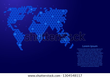World map abstract schematic from blue triangles repeating pattern geometric background with nodes and space stars for banner, poster, greeting card. Vector illustration.