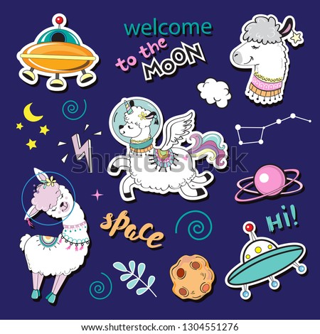 Fashion patch Badges with cute space llama on a dark blue background