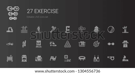 exercise icons set. Collection of exercise with boxing glove, trampoline, swimming pool, gym, treadmill, volley, ball, pool, shoes, well. Editable and scalable exercise icons.