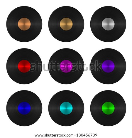 A set of nine vinyl records isolated on white background