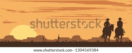 Silhouette of Cowboy couple riding horses at sunset, vector Royalty-Free Stock Photo #1304569384