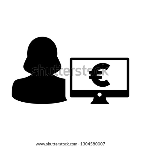Computer icon vector female person user avatar with monitor screen and euro sign in flat color in Glyph Pictogram Symbol illustration