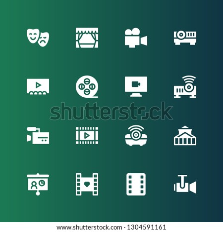 filmstrip icon set. Collection of 16 filled filmstrip icons included Projector, Film, Video, Theater, Film reel