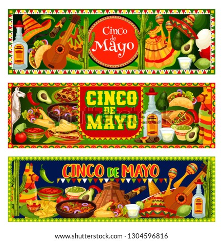 Cinco de Mayo Mexican holiday vector greeting banners with fiesta party sombrero, guitar and maracas. Tequila margarita, cactus and pinata, chilli tacos, nachos and burrito, avocado and tomato sauce