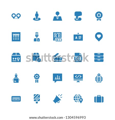 tag icon set. Collection of 25 filled tag icons included Luggage, Location, Promotion, Sale, Barcode, Coding, Bubble speech, Badge, Delivery man, Inboxes, Css, Scanner, Delivery