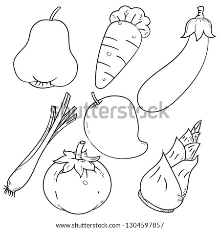 Set of Asian herb and fruit, isolated on white background for coloring book, education and food concepts. Simple hand drawn vector illustration