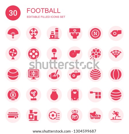 football icon set. Collection of 30 filled football icons included Fan, Toy, Fans, Napoli, Ball, Punching ball, Whistle, Football, Rugby ball, Billiard, Offside,