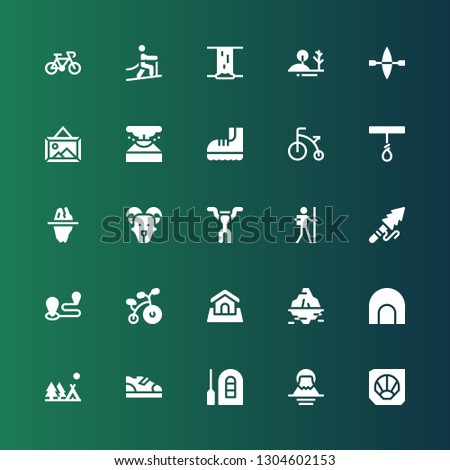 mountain icon set. Collection of 25 filled mountain icons included Fossil, Fuji mountain, Raft, Boots, Camping, Cave, Iceberg, Land, Bicycle, Travel, Harpoon, Hiker, Handlebar