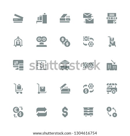 sell icon set. Collection of 25 filled sell icons included Exchange, Cart, Dollar, Transfer, Food stand, Scanner, Delivery cart, Rental