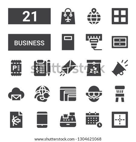 business icon set. Collection of 21 filled business icons included Border, Calendar, Cashier, Smartphone, Vector, Chair, Avatar, Responsive design, Dove, Email, Promotion, Paper bag