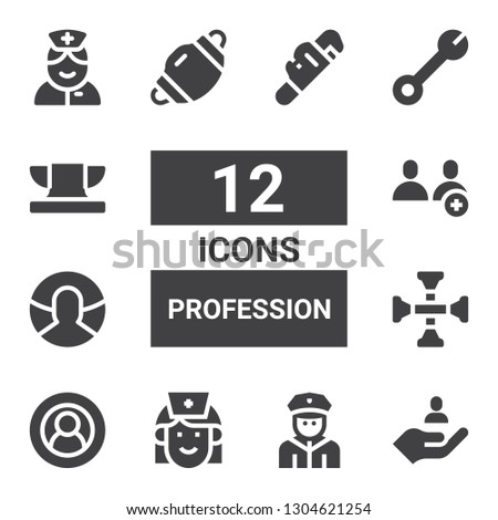 profession icon set. Collection of 12 filled profession icons included User, Policeman, Nurse, Cross wrench, Users, Dentist mask, Wrench, Anvil