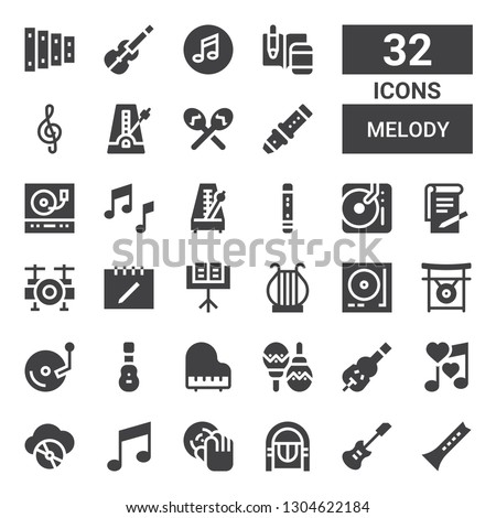 melody icon set. Collection of 32 filled melody icons included Flute, Electric guitar, Jukebox, DJ, Music note, Compact disc, Romantic music, Violin, Maracas, Piano, Acoustic guitar