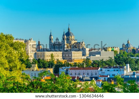 Skyline of Madrid with Santa Maria la Real de La Almudena Cathedral and the Royal Palace, Spain
