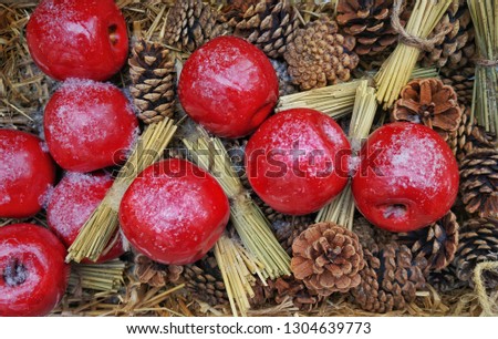 red apples among straw and cones, sprinkled with snow, top view