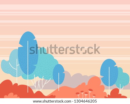 Fantasy landscape vector background. Simple flat style clip art illustration. Fantastic forest, sunset sky, cartoon stylized bushes, flowers. Graphic design template for banner, poster, web site.