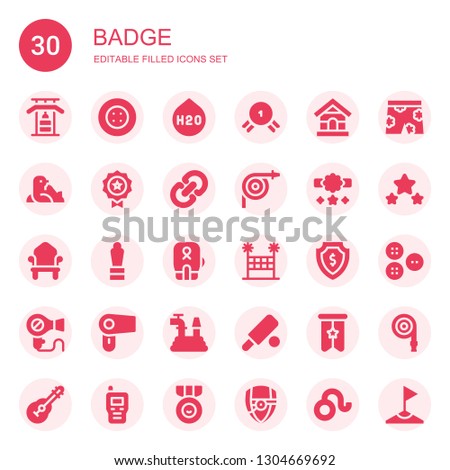 badge icon set. Collection of 30 filled badge icons included Gym bars, Button, H o, Medal, Dog house, Seal, Link, Hose, Reward, Throne, Award, Boxing, Volleyball net, Shield, Hair dryer