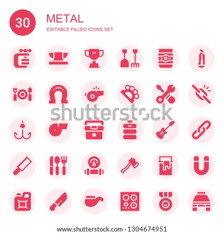 metal icon set. Collection of 30 filled metal icons included Vise, Anvil, Trophy, Shovel, Beer can, Dinner, Horseshoe, Whistle, Brass knuckles, Tools, Hook, Fridge, Beer keg, Electric guitar