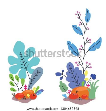 Fantasy flowers and plants flat style vector illustration. Fantastic colored plants, cartoon stylized bushes, flowers. Graphic design template for banner, poster, website, postcard, wedding invitation