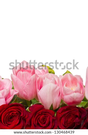 bouquet of roses and tulips on a white background