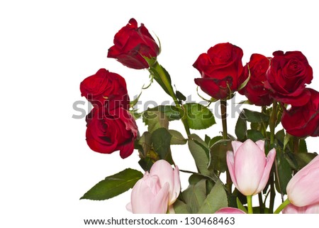 bouquet of roses and tulips on a white background