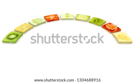 Collage of fruits, vegetables and plants in a circle on isolated white background. In the center is a blank space for your text or photos