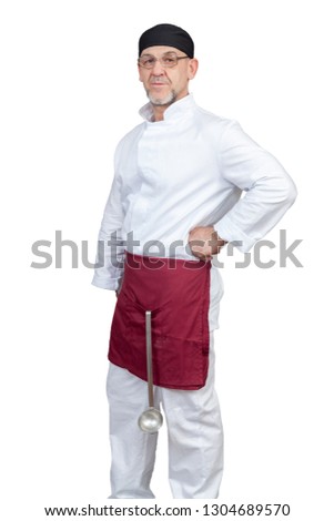 Elderly male chef on white background, isolated, for advertising