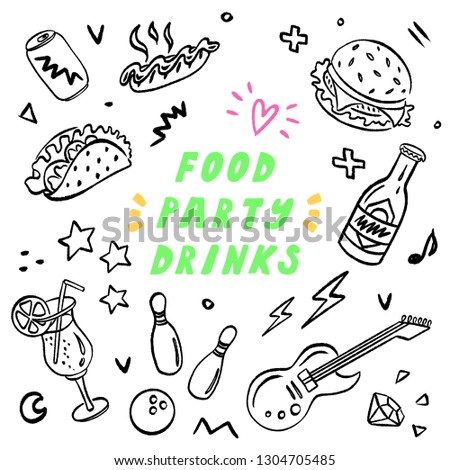 Hand drawn vector doodle illustrations of food, drinks, party, bowling, music fest. Food sketch elements in vector for your designs - burger, hot-dog, taco, lemonade, cocktail, party elements.
