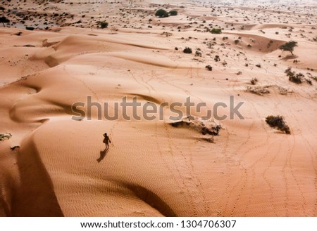 Woman walking in the desert on a sunny day aerial view