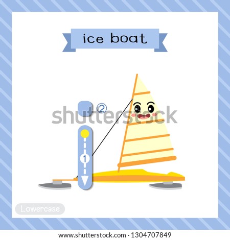 Letter I lowercase cute children colorful transportations ABC alphabet tracing flashcard of Ice Boat for kids learning English vocabulary and handwriting Vector Illustration.
