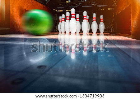 bowling pins and balls. copy space. 