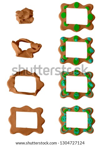Colorful Play dough (Plasticine or Clay). Picture Frame. Stop Motion. Created by hands. Isolated on white background.- Image