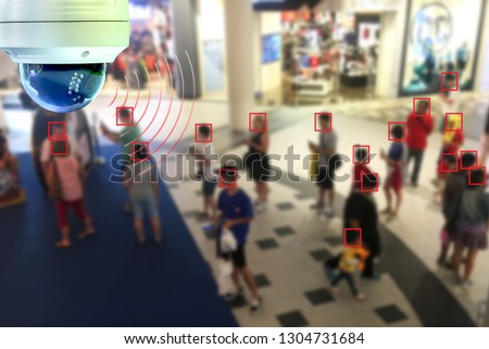 CCTV Dome infrared camera new technology 4.0 signal for Counting number of people in area or counting customer in shop simple as in red line are signal of counting by CCTV system. Royalty-Free Stock Photo #1304731684