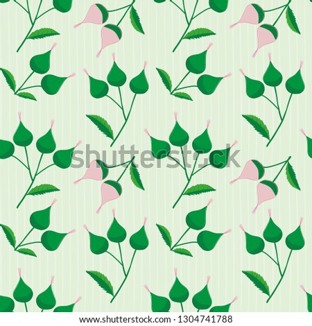 Elegant pink and green hand drawn buds on a subtly striped light green background. Sophisticated vintage seamless vector pattern perfect for stationery, textiles, home decor, giftwrapping, packaging.