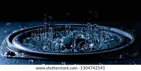 Water movement on the loudspeaker. The power of sound. Abstract movement. Loud music. Royalty-Free Stock Photo #1304742541