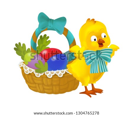 cartoon happy easter chicken with easter basket full of colorful eggs on white background - illustration for the children