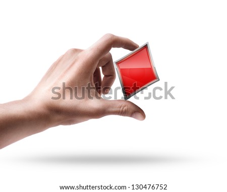 Man's hand holding card sign isolated on white background
