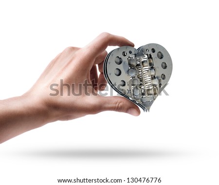 Man's hand holding Mechanical heart V8 isolated on white background