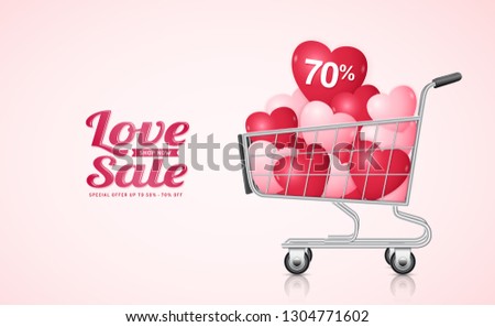 Happy valentine's day sale discount poster template typography and shopping cart with hearts decoration for flyers, web, banner and card vector illustration