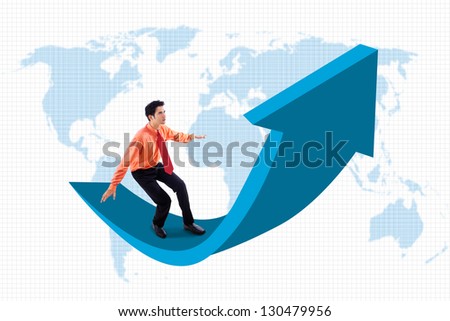 Businessman is standing on up arrow sign with world map background