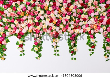 spring and summer background - close up of colorful composition with flowers over white wall