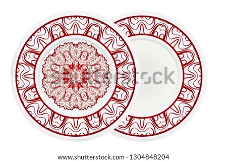 Decorative round plate with mandala from floral elements. Vector illustration. Home decor, interior design. Set of 2 matching decorative plates for interior design