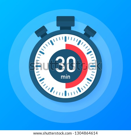 The 30 minutes, stopwatch vector icon. Stopwatch icon in flat style, 30 minutes timer on on color background.  Vector stock illustration. Royalty-Free Stock Photo #1304864614