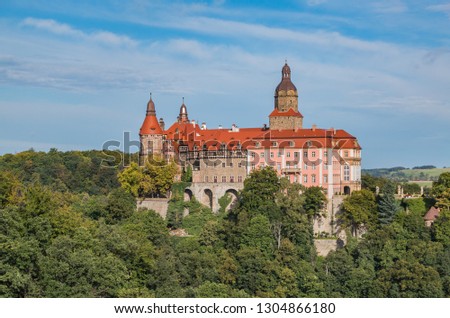 A picture of the Książ Castle as seen from a nearby observation point.