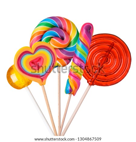 Lollipop candy set. Different sugar candies on sticks assortment isolated on white background. Royalty-Free Stock Photo #1304867509