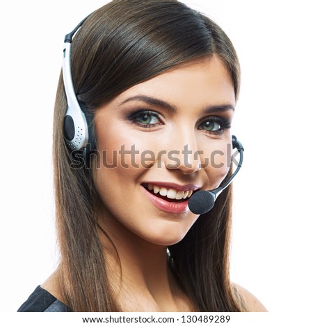 Portrait of woman customer service worker, call center smiling operator with phone headset isolated on white background