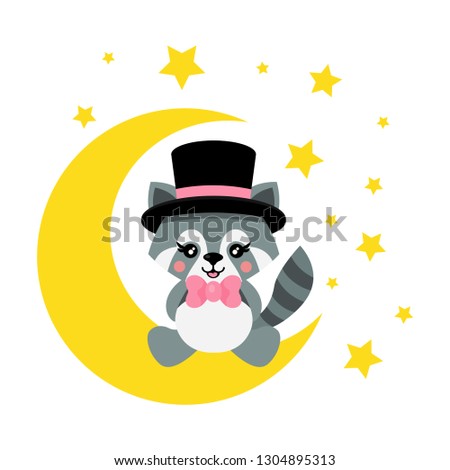 cartoon cute raccoon with tie and hat sits on the moon