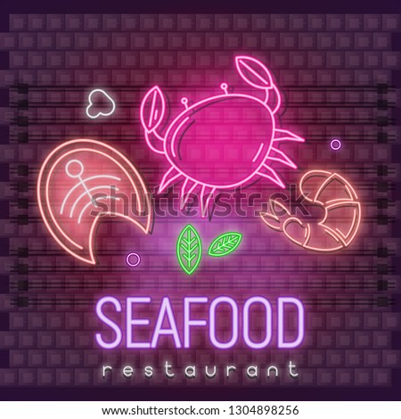 Seafood Restaurant Neon Poster with Electric Glowing Fluorescent Crab, Salmon, Shrimp Icons on Brick Wall. Name Cafe of Fish and Marine Food in Neon Text. Retro Style. Ultraviolet Vector Illustration.