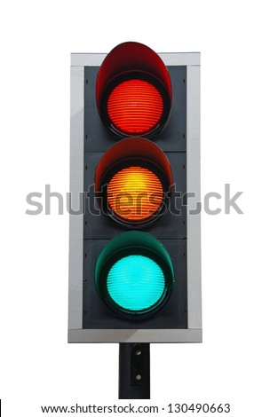 traffic lights isolated on white background (all lights on) Royalty-Free Stock Photo #130490663