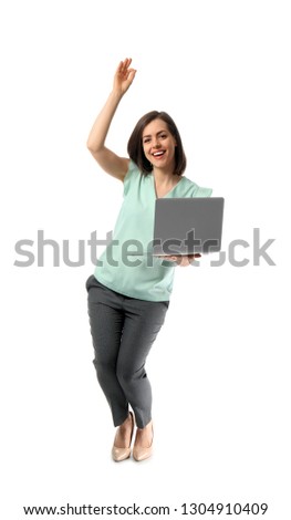 Happy young woman with laptop on white background